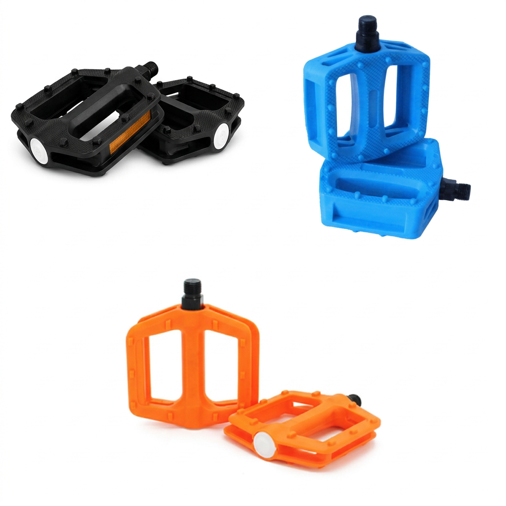 Harvester pedals collage in black, blue, and orange