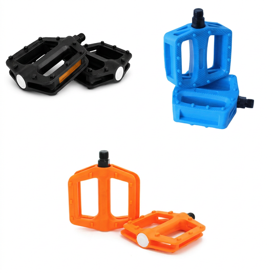 Harvester pedals collage in black, blue, and orange